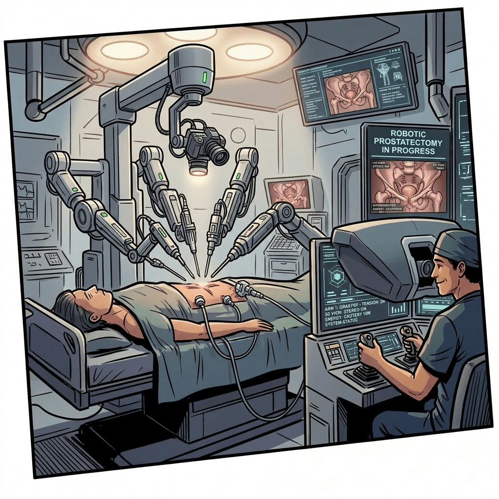 Surgeon controlling robotic arms performing surgery on a patient.