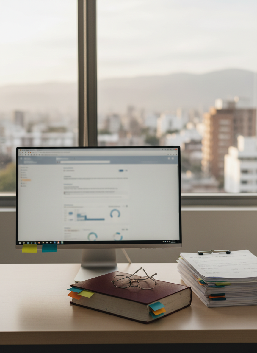 A modern, minimalist lawyer’s workstation featuring a slim computer monitor displaying a softly blurred interface of a legal case management system, beside a thick, open civil code book with colored sticky notes marking health law sections. On the desk lie a pair of simple reading glasses and a stack of neatly clipped medical authorization forms, suggesting a health amparo in progress. The background hints at a Tucumán cityscape through a large window with diffused afternoon light. Photographic realism with clean, neutral colors, captured at eye level with moderate depth of field. The mood is focused and methodical, conveying a sense of diligence and specialized expertise in obtaining medical coverage from obras sociales and prepaid health plans, without depicting any people.