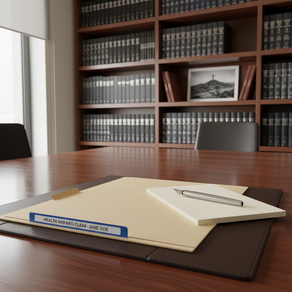 A close-up of a polished wooden conference table in a professional law firm, with a neatly arranged folder labeled by a colored tab, a simple metal fountain pen, and a clean notepad open to a blank page, ready to start a health amparo claim. In the background, slightly blurred shelves hold organized law books in neutral tones and a small framed photograph of Tucumán’s Cerro San Javier landscape. Soft overhead and side window lighting create a balanced, natural illumination with subtle reflections on the pen. Photographic realism, shot from a slightly elevated angle, produces a reassuring, orderly mood, conveying readiness, expertise, and a supportive legal environment focused on resolving health insurance authorization problems.
