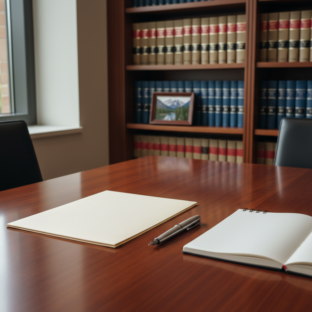 A close-up of a polished wooden conference table in a professional law firm, with a neatly arranged plain folder with no text or labels on it, a simple metal fountain pen, and a clean notepad open to a blank page. In the background, slightly blurred shelves hold organized law books in neutral tones and a small framed photograph of a mountain landscape. Soft overhead and side window lighting create a balanced, natural illumination with subtle reflections on the pen. Photographic realism, shot from a slightly elevated angle, produces a reassuring, orderly mood. No text, no labels, no words visible anywhere in the image.
